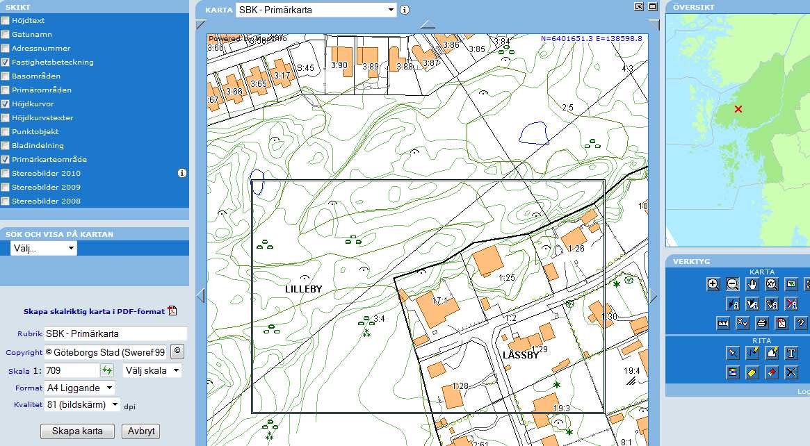 Sök fram den fastighet du vill skapa en primärkarta för (se sidan 3) klicka på pdf-symbolen i verktygsfältet en rektangulär ruta visas på kartan.