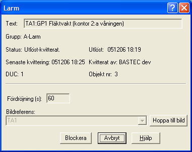 Användarmanual BAS2 styr Sidan 14 Är larmet redan kvitterat visas istället nedanstående informationsdialog. Den visas även då man klickar på Info i ovanstående dialogformulär.