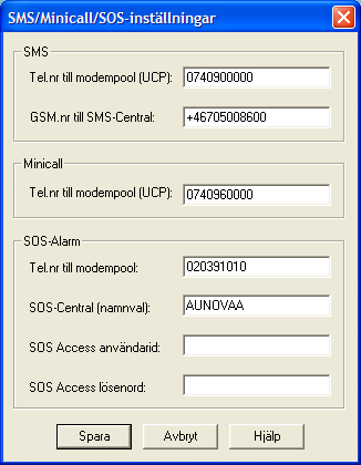 Användarmanual BAS2 styr Sidan 20 SMS Tel.nr till modempool (UCP): Telefonnummer till modempoolscentralen som hanterar SMS alarm om man använder ett vanligt analogt modem. GSM.