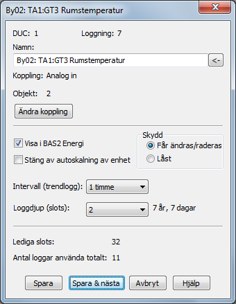 Användarmanual BAS2 styr Sidan 36 Spara för att starta loggningen. Ändrar du avläsningsintervall på en befintlig logg försvinner de gamla värdena.
