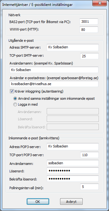 Användarmanual BAS2 styr Sidan 43 E-postklient inställningar Under Inställningar DUC-kommunikation / Nätverks inst.