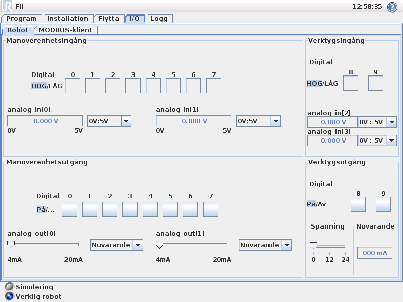 3. Robotstyrning 3.2 Fliken I/O På den här skärmbilden kan du alltid övervaka och ställa in I/O-signaler från/till roboten i realtid.