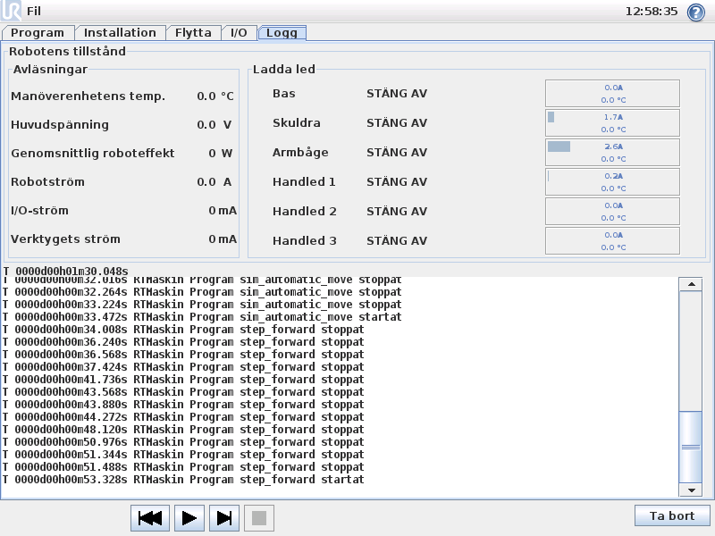 3. Robotstyrning 3.13 Fliken Logg Robotens tillstånd Skärmens övre halva visar robotens tillstånd (skick).