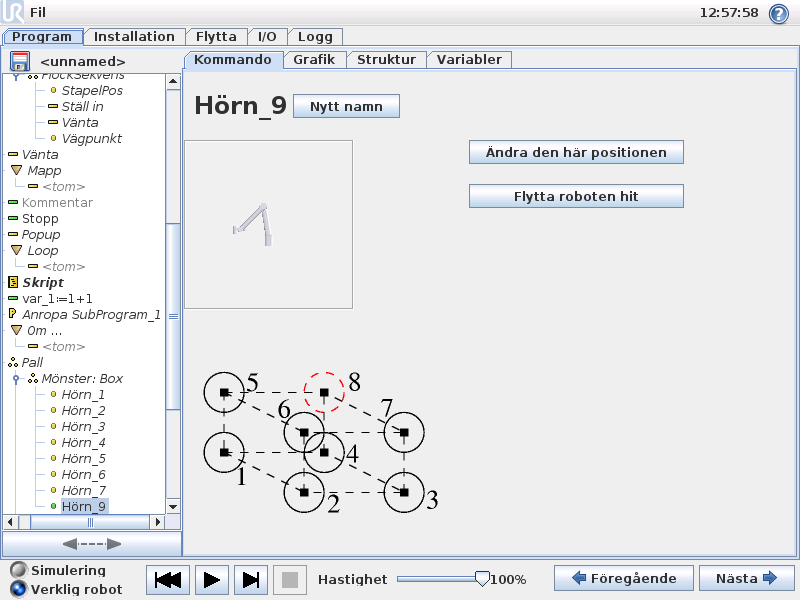 4. Programmering Det finns fyra sorters mönster. De första tre är Linje, Rutaöch Boxöch dessa kan användas för positioner i ett regelbundet mönster.