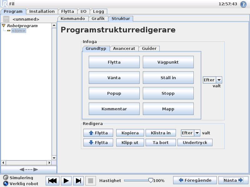 4. Programmering 4.28 Program Fliken Struktur På fliken Struktur under Program kan du infoga, flytta, kopiera och ta bort de olika typerna av kommandon.