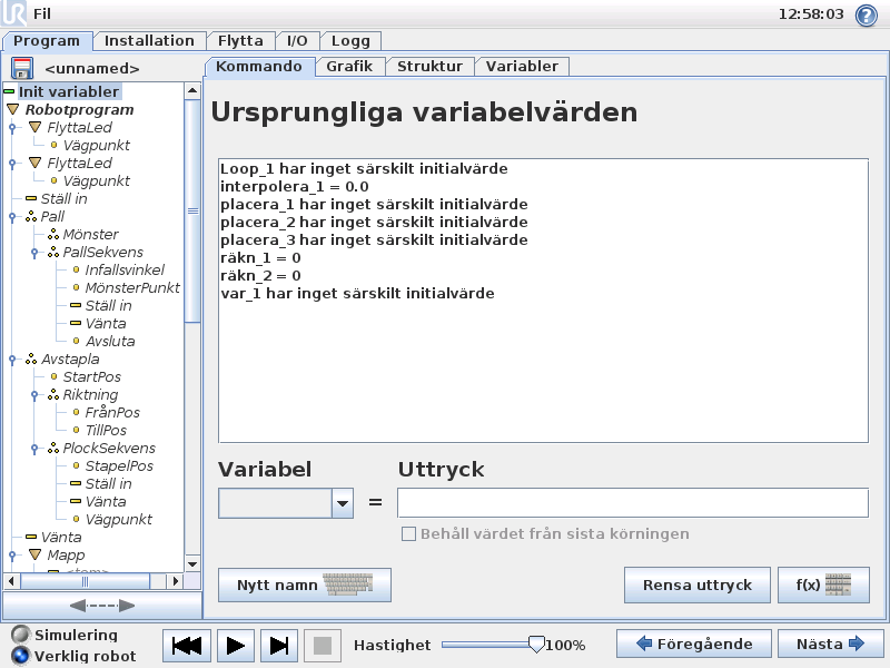 4. Programmering 4.29 Program Fliken Variabler Fliken Variabler visar realtidsvärden för de variabler som körs i programmet, och sparar en lista över variabler och värden mellan programkörningar.