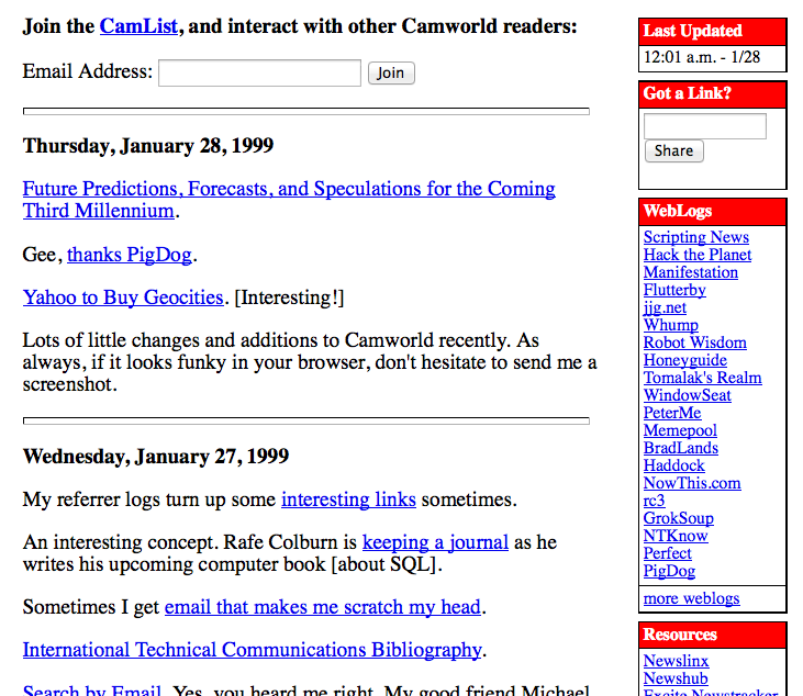 Cameron Barretts CamWorld, med världens första blogroll till höger. Kommentarsfälten hade ännu inte gjort entré men notera att läsarna uppmanas att interagera genom att mejla.