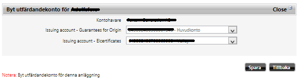 Bild 5.4 Ändra utfärdandekonto 5.2 Deklarationer Notera: Den här funktionen är endast tillgänglig för användare med Alla rättigheter och Hantera anläggningar.