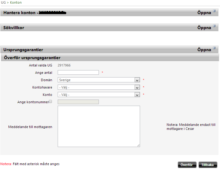 6.4.1.2 Export till EECS (UG) Bild 6.8 Överför ursprungsgarantier Ursprungsgarantier kan exporteras till CMO.grexel-registret från Cesar enligt nedan. 1. Navigera till UG > Konton. 2.