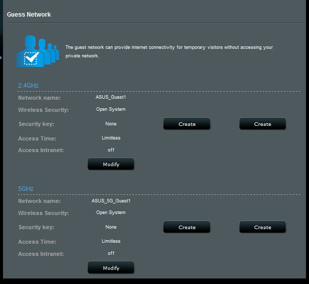 4. För att konfigurera fler möjligheter, klicka på Modify (Modifiera). 5. Klicka på Yes (Ja) på skärmen Enable Guest Network (Aktivera gästnätverk). 6.