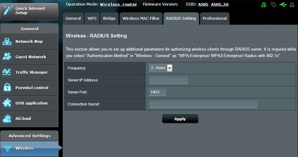 4.1.5 RADIUS-inställning RADIUS-inställning (Remote Authentication Dial In User Service) ger ett extra säkerhetslager när du väljer WPA-Enterprise, WPA2- Enterprise eller Radius med 802.