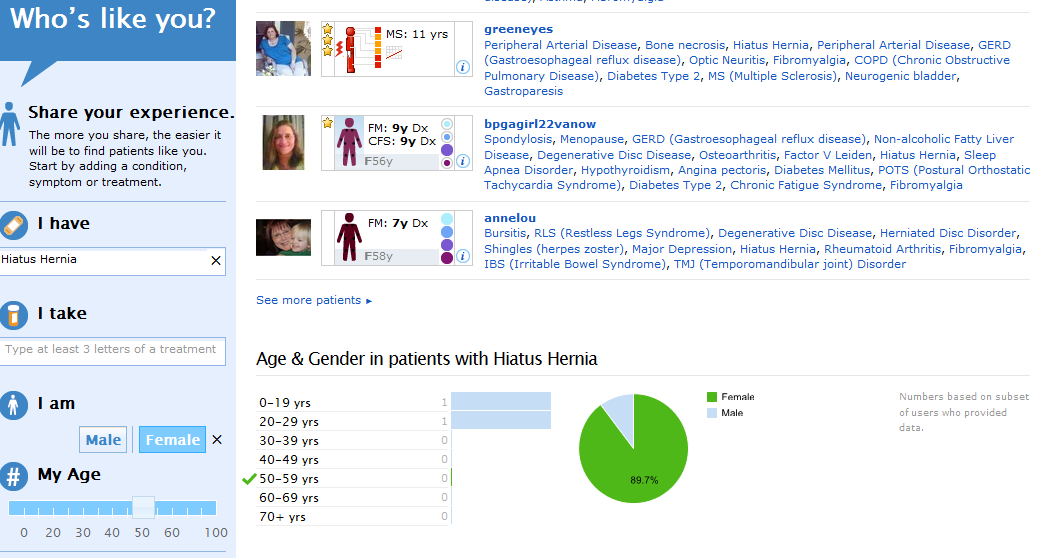 PatientsLikeMe: På denna sida kan patienter jämföra sina sjukdomsförlopp med andra patienter (se Figur 30).