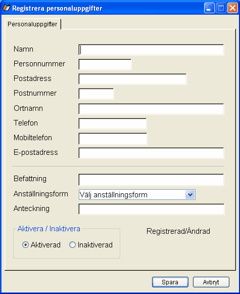 Aktiverad avser tjänstgörande personal. Inaktiverad Om ni tillfälligt vill ta bort personer från personallistan vid instämpling kan ni inaktivera person som t.ex.