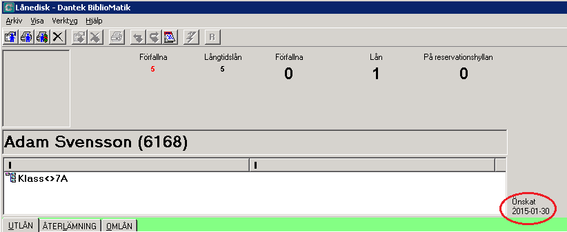 Lånedisken Välj ett eget datum vid omlån Du kan låna om en låntagares samtliga lån eller ett enskilt lån till ett datum du själv väljer genom att göra så här: 1) Läs in en låntagare i Lånedisken 2)