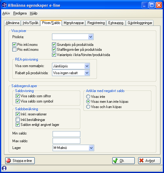 Fliken Priser/Saldo Prislista Ange om separat e-prislista ska användas. Observera att e-prislistan har högre prioritet än kundens eventuella prislista. Kundavtalet påverkas dock inte.