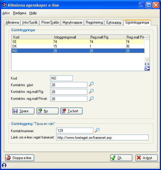 Fliken Gästinloggningar Möjlighet finns att ha flera olika gästinloggningar med olika egenskaper. De olika gästinloggningarna används genom olika länkar i formen: e-handel http://foretaget.e-line.