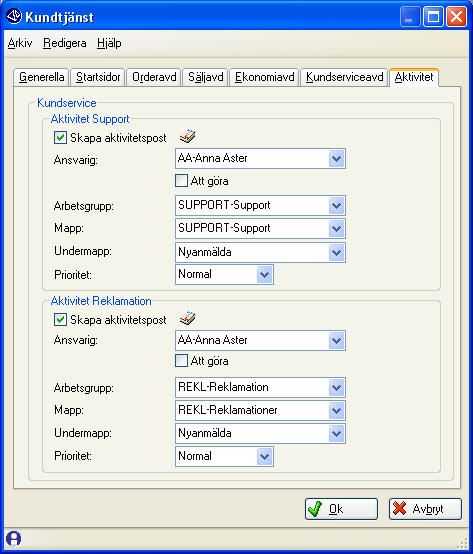 Fliken Aktivitet Här anges de egenskaper som ska gälla för support- och reklamationsärenden som registreras via Kundtjänsten på Internet.