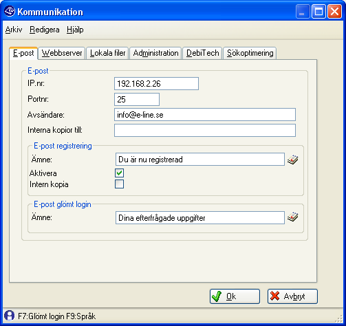 Fliken E-post IP-nummer IP-numret till er e-postserver. Portnummer Portnummer för e-postens server, standard är 25. Avsändare Adress som står som avsändare på den e-post som skickas via e-modulerna.