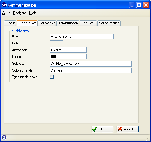Fliken Webbserver IP-nummer IP-adress som identifierar webbservern som innehåller e-linemodulen. Domännamnet bör användas då ändring av IP-nummer förekommer. Se värdehandling för e-lineinställningar.