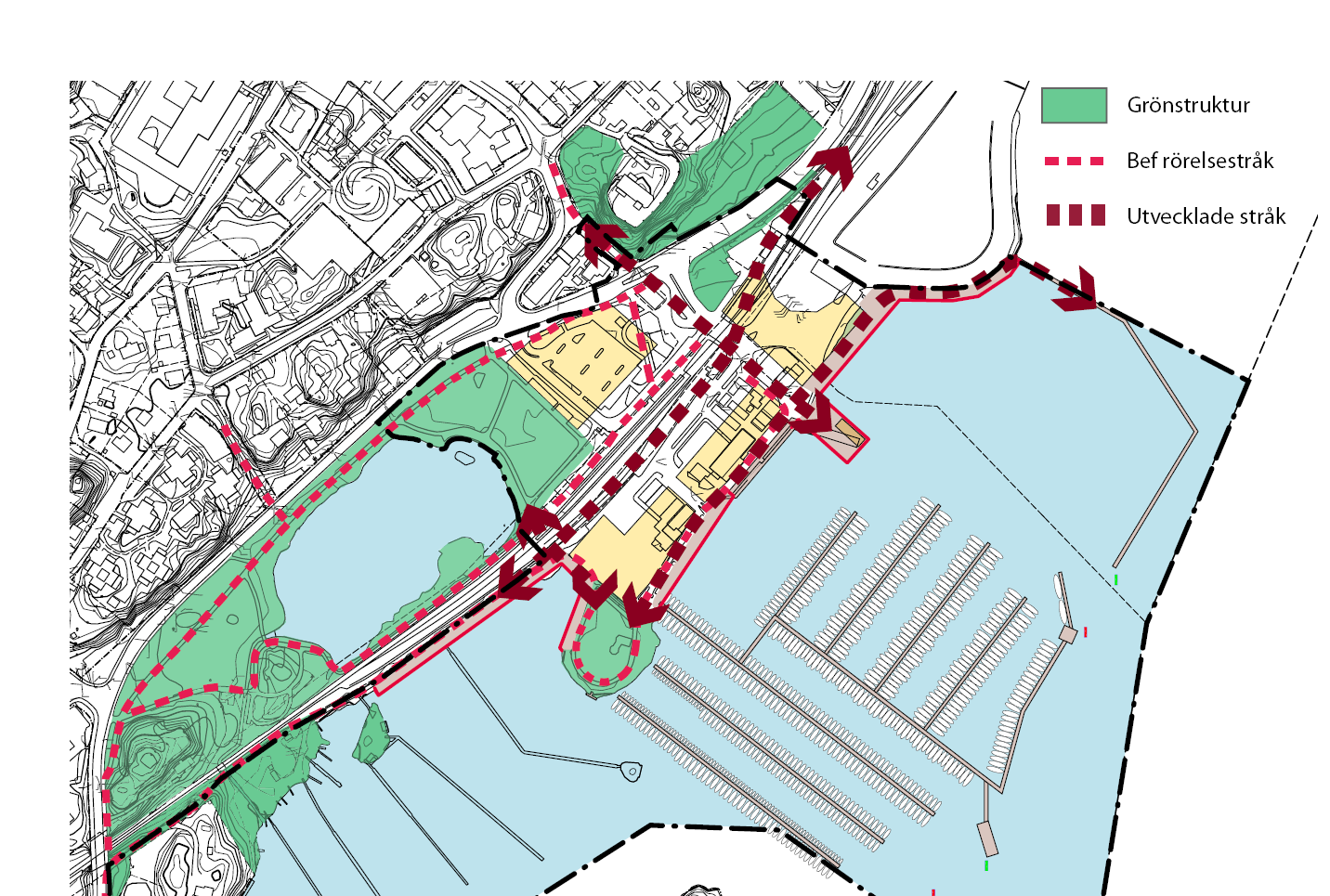 Väderskyddad gångpassage mot Gotlandsterminalen Möjlig passage över järnvägen på bro Gång- och cykelväg längs järnvägen Kaj/brygga, nytt