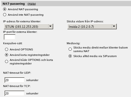 Chapter 4. SIP-grundkonfiguration steg för steg Interop Skriv in den publika IP-adress som motsvarar SIParatorn under Extern IP-adress för NATad SIParator.