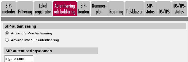 Chapter 4. SIP-grundkonfiguration steg för steg Autentisering och bokföring Om SIParatorn ska ta hand om användarregistreringar bör den kräva autentisering av användarna.