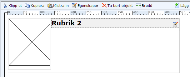 Manual 52 En bild har infogats i den vänstra kolumnen och en rubrik i den högra. Eftersom rubrikelementet har markerats kommer ett nytt element som infogas att hamna i samma kolumn som rubriken.