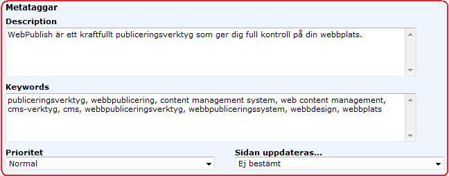 Manual 73 OBS! Förväxla inte Description under metataggar med Beskrivning längre upp under Egenskaper.