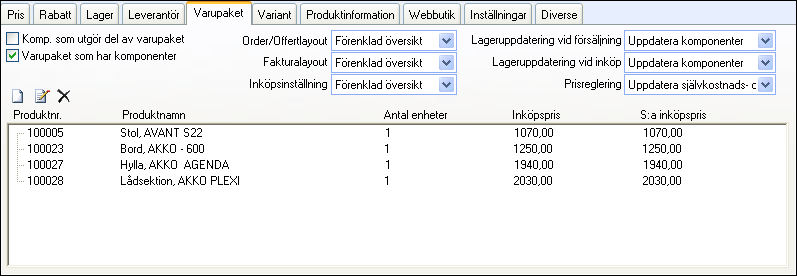 PRODUKTREGISTRET Fliken Varupaket Om företaget erbjuder sammansatta produkter bestående av flera komponenter, kan produkten definieras som ett Varupaket.