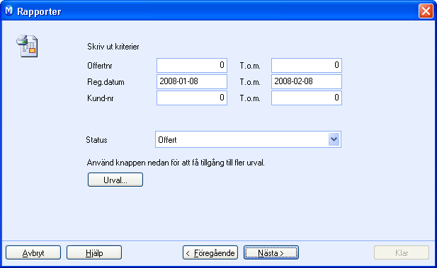 FÖRSÄLJNING Utskrift av offert Beroende på hur du skapar offerterna (gruppoffert, repeterande offert etc.) kan de skrivas ut antingen var för sig eller som ett urval av alla offerter i modulen.