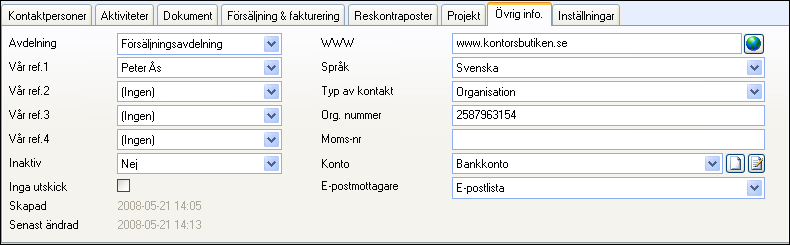 KONTAKTUPPFÖLJNING Övrig info På fliken Övrig info kan du bestämma vilken avdelning och vilka anställda (referenser) som har mest med kontakten att göra.