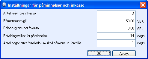 Här ställer du in all information som rör påminnelsen. När en faktura överskrider Antal påminnelser före meddelande om inkassovarsel genereras ingen påminnelsefaktura.