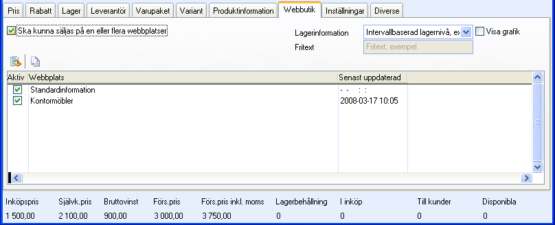 OM WEBBUTIK Lägga ut produkt för försäljning i webbutiken Så här lägger du ut en produkt i webbutiken: 1. Välj Visa - Produkt - Produktregister och fliken Webbutik. 2.