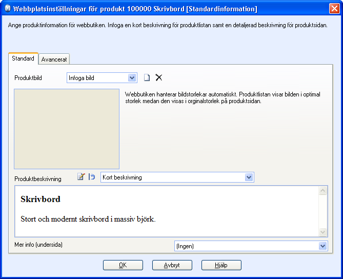 REDIGERA WEBBPLATS Webbplatsinställningar för produkt I fönstret Webbplatsinställningar för produkt anger du visningsinställningar för produkter i webbutiken.