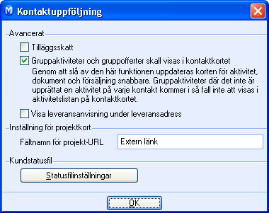 KONTAKTUPPFÖLJNING E-postmottagare: Gäller Försäljning/Order/Fakturering. Välj vilken metod som ska användas för att välja standard e-postadress vid utskick av köp- och säljdokument via e-post.