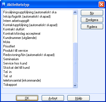 AKTIVITETER OCH KALENDER Tillgängliga aktivitetslistor och typer Egna aktivitetslistor för Kundservice, Telemarketing och Produktservice gör det enklare att arbeta fokuserat med en typ av