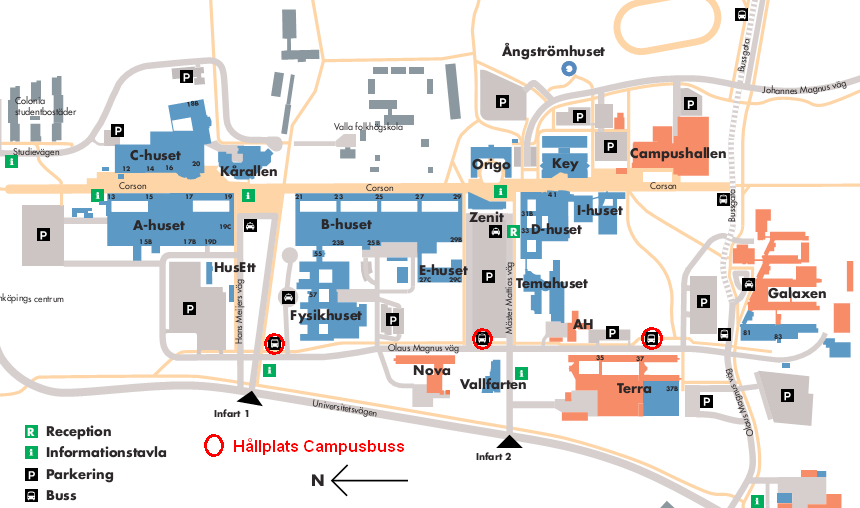 Campus Valla ligger ca 3 km från Linköpings centrum och sträcker sig en kilometer från C-huset till Campushallen, med en hel del byggnader och korridorer som kan uppfattas som helt omöjliga att hitta