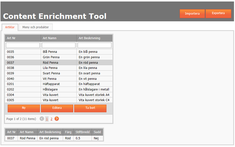 Metod och resultat Figur 29. Skärmdump av prototypens artikelvy. I sidans huvud finns knappar för import och export av filer.