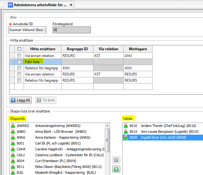 Välj sedan från var arbetsledaren ska hämtas, Från lista eller om möjligt från en relation. Från datum och Till datum anges när arbetsledaren är giltig.