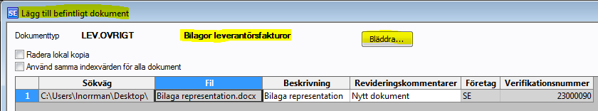 3 Här är det viktigt är att välja rätt dokumenttyp, dvs att markera typen för bilagor. Välj sedan Lägg till befintligt dokument via verktyg, eller genom att högerklicka på rubriken för dokumentmappen.