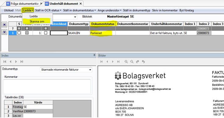 5 Klicka på Ladda under verktyg och välj Skanna om för att ersätta en ursprunglig fakturabild med en ny.