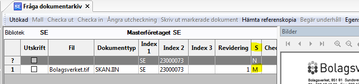 3 Status (S) ändras från N till M (maintenance, underhåll). 4 Gå till bilden Underhåll dokument.