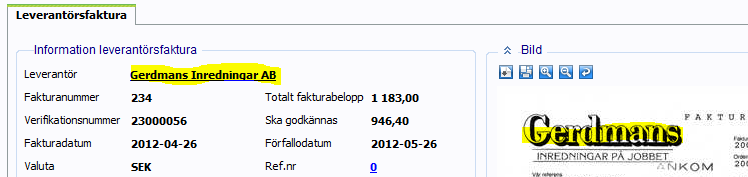 10 För att kontrollera att bilden bytts ut gå tillbaka till Fråga Dokumentarkiv och sök fram verifikationen igen. Stå med markören på raden för att se den nya fakturabilden.