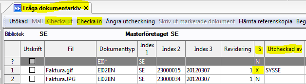 För att söka fram raderade dokument/borttagna fakturor ange status T som sökvillkor. Klicka på Historik i verktygsmenyn för att se kommentar om varför fakturan tagits bort.