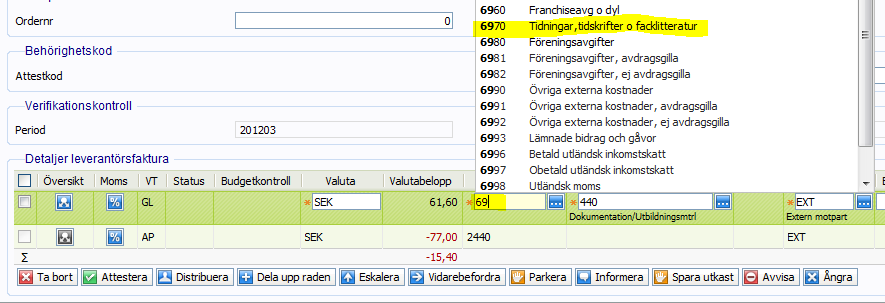 5.2.2 Konteringsmall I attestbildens avancerade läge finns möjlighet att använda och skapa egna konteringsmallar. Mallarna kan skapas i förväg eller direkt från attestbilden.