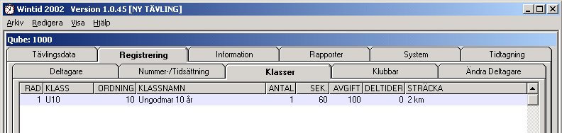Skapande av tävling 3-3 Registrering av klasser Klicka på fliken Registrering/Klasser Fyll i önskad data Förklaring av vissa fält: Startordn: Lämpligen i steg om 10, d.v.s. första klassen 10 nästa klass 20 o.