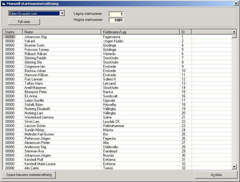 3.3 Manuell nummersättning Beskrivning av manuell nummersättning Skapande av tävling 3-9 Välj önskad klass i den övre boxen. Deltagarna i klassen visas nu i rutan nedanför.