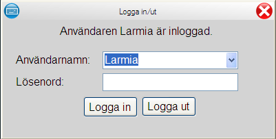 In-/utloggning Klicka på nyckelikonen för att logga in/logga ut. Inloggning - Ange användarnamn, lösenord och tryck på knappen Logga in.