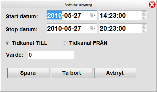 Datumstyrning Tidkanalen innehåller även möjlighet att lägga in speciell styrning under vissa dagar. Detta kallas datumstyrning. Denna funktion finns endast för PLC- Avalon.