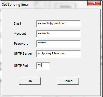 Email -Skriv den sändande e.postadressen t.ex: mall.exempel@gmail.com Account -Skriv ditt e-post konto: mall.exempel@gmail.com Password -Skriv ditt lösenord för e-post SMTP Server -Skriv smtprelay1.